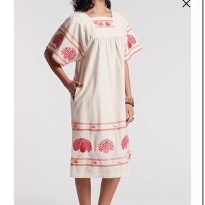Cream Embroidered Midi Dress with Pink Accents
